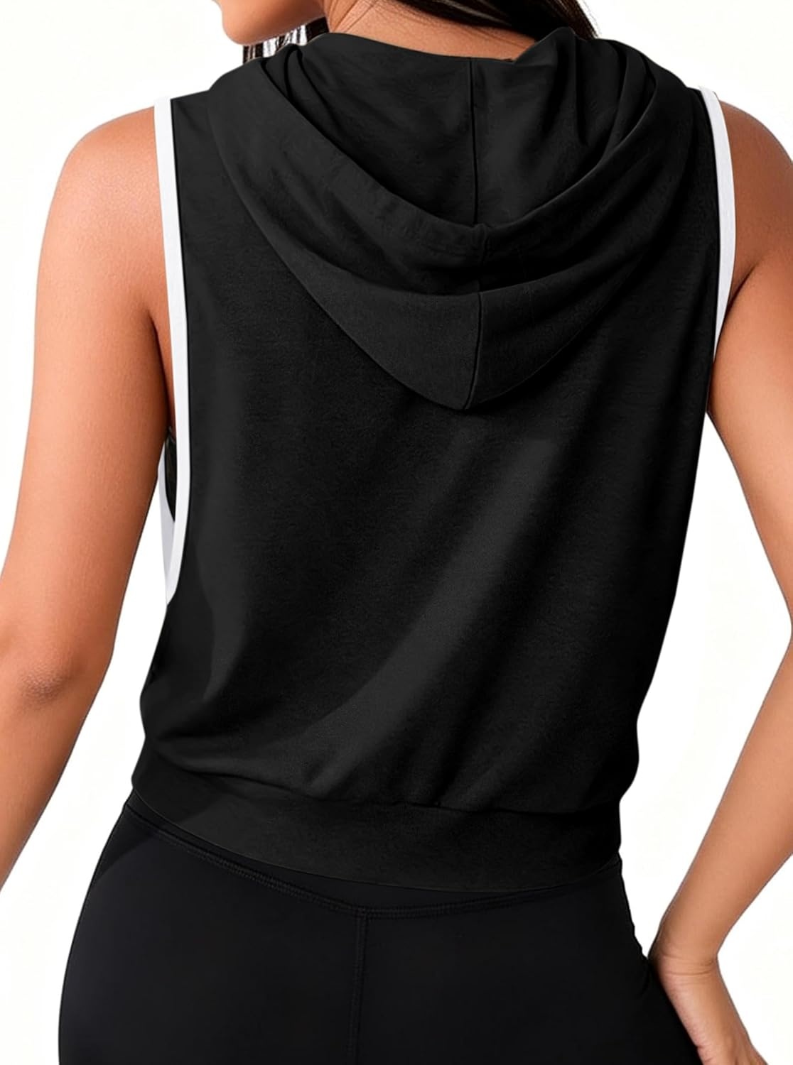 image:imageAvanova Womens Workout Shirts Sleeveless Hoodies Drawstring Open Side Gym Cropped Tank TopBlk With W Trim