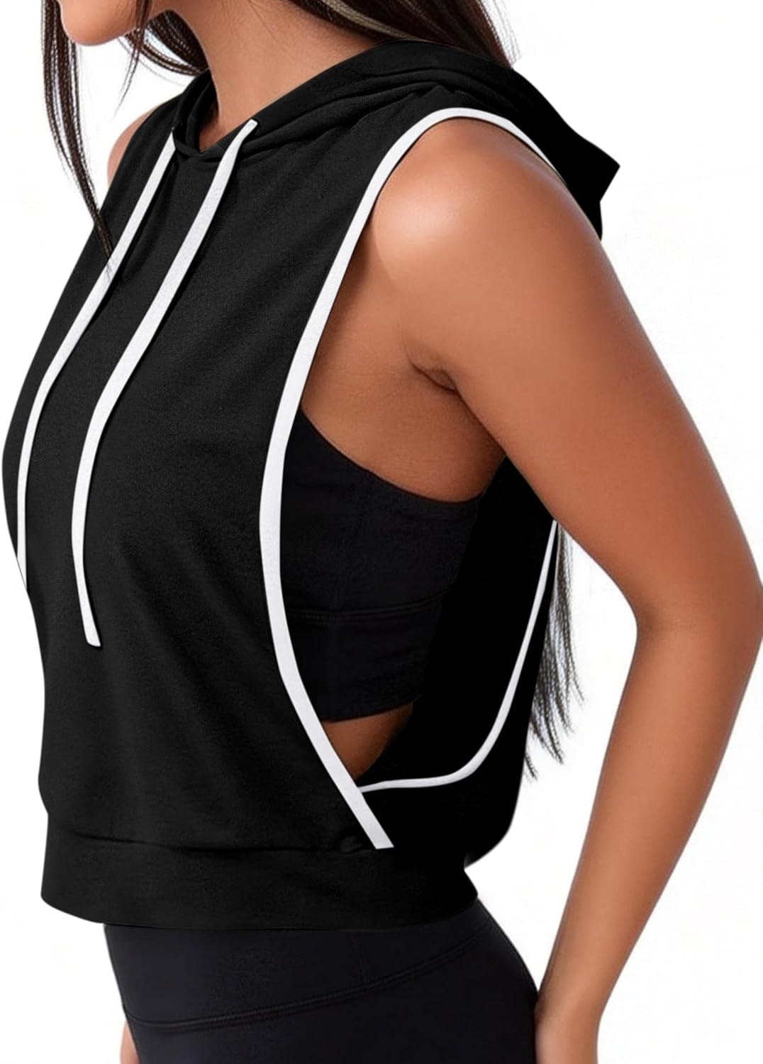 image:imageAvanova Womens Workout Shirts Sleeveless Hoodies Drawstring Open Side Gym Cropped Tank TopBlk With W Trim