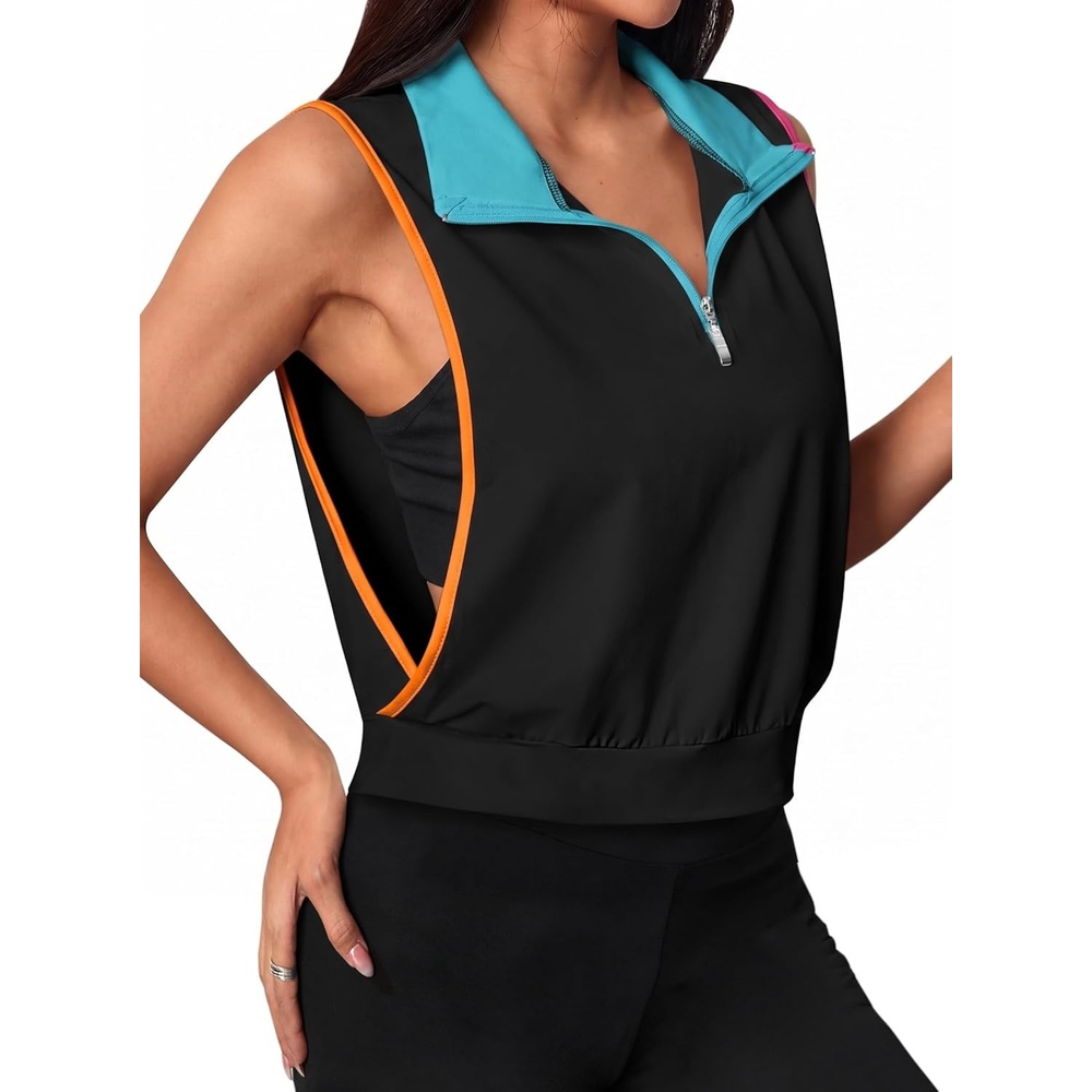 image:imageAvanova Women 14 Zip Polo V Neck Tank Tops Golf Shirts Sleeveless Collared Workout TopsContrast
