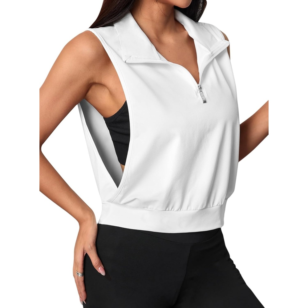 image:imageAvanova Women 14 Zip Polo V Neck Tank Tops Golf Shirts Sleeveless Collared Workout TopsWhite