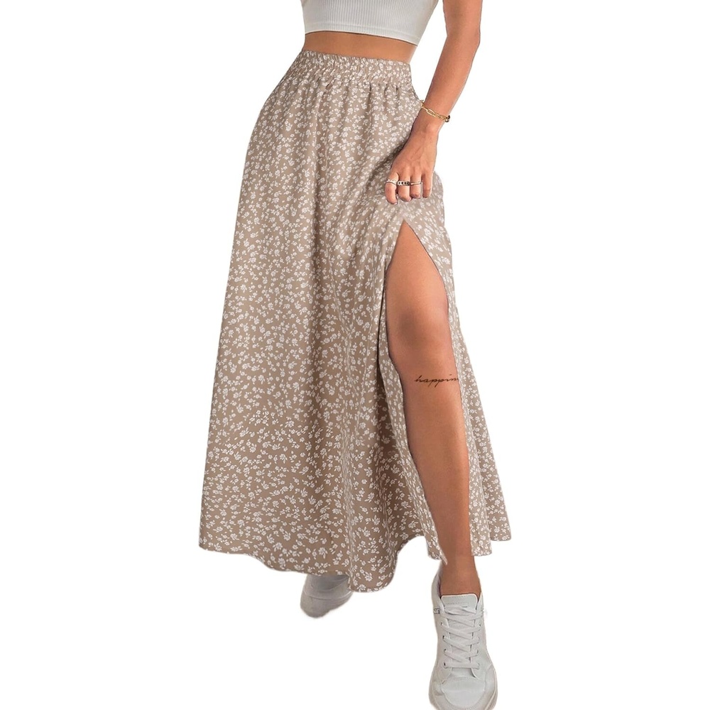 image:imageAvanova Women Boho Floral Slit Maxi Skirt Split Thigh High Waisted Long SkirtsApricot