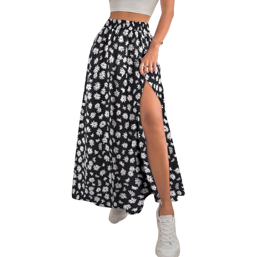image:imageAvanova Women Boho Floral Slit Maxi Skirt Split Thigh High Waisted Long SkirtsBlack Daisy