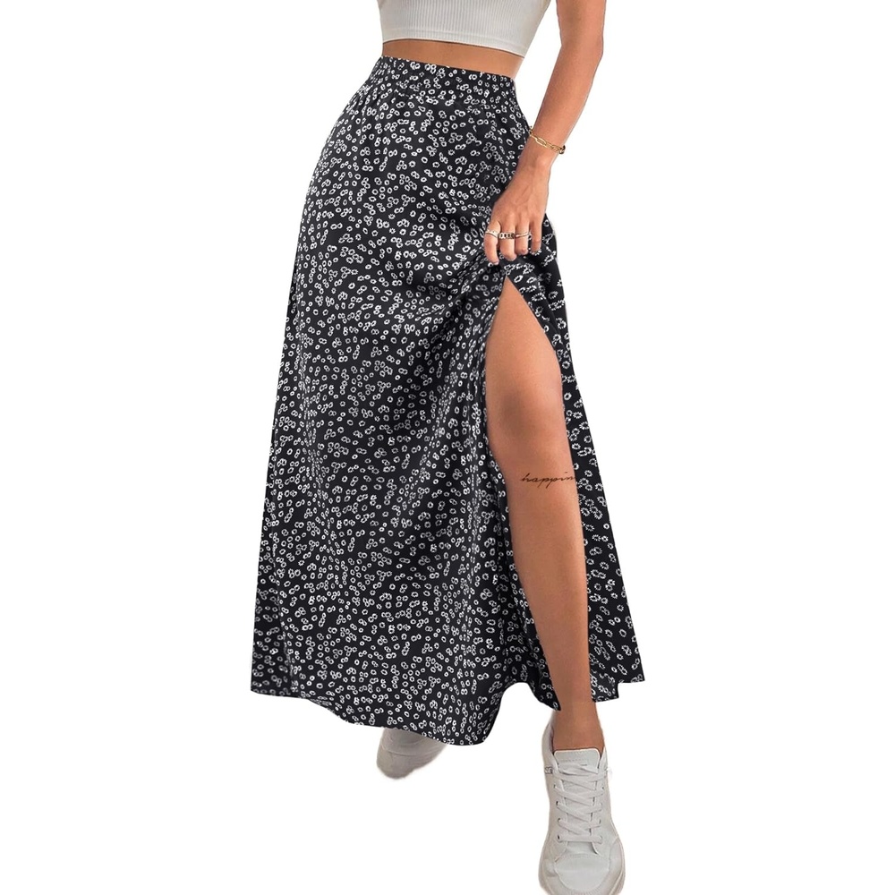 image:imageAvanova Women Boho Floral Slit Maxi Skirt Split Thigh High Waisted Long SkirtsFloral Black