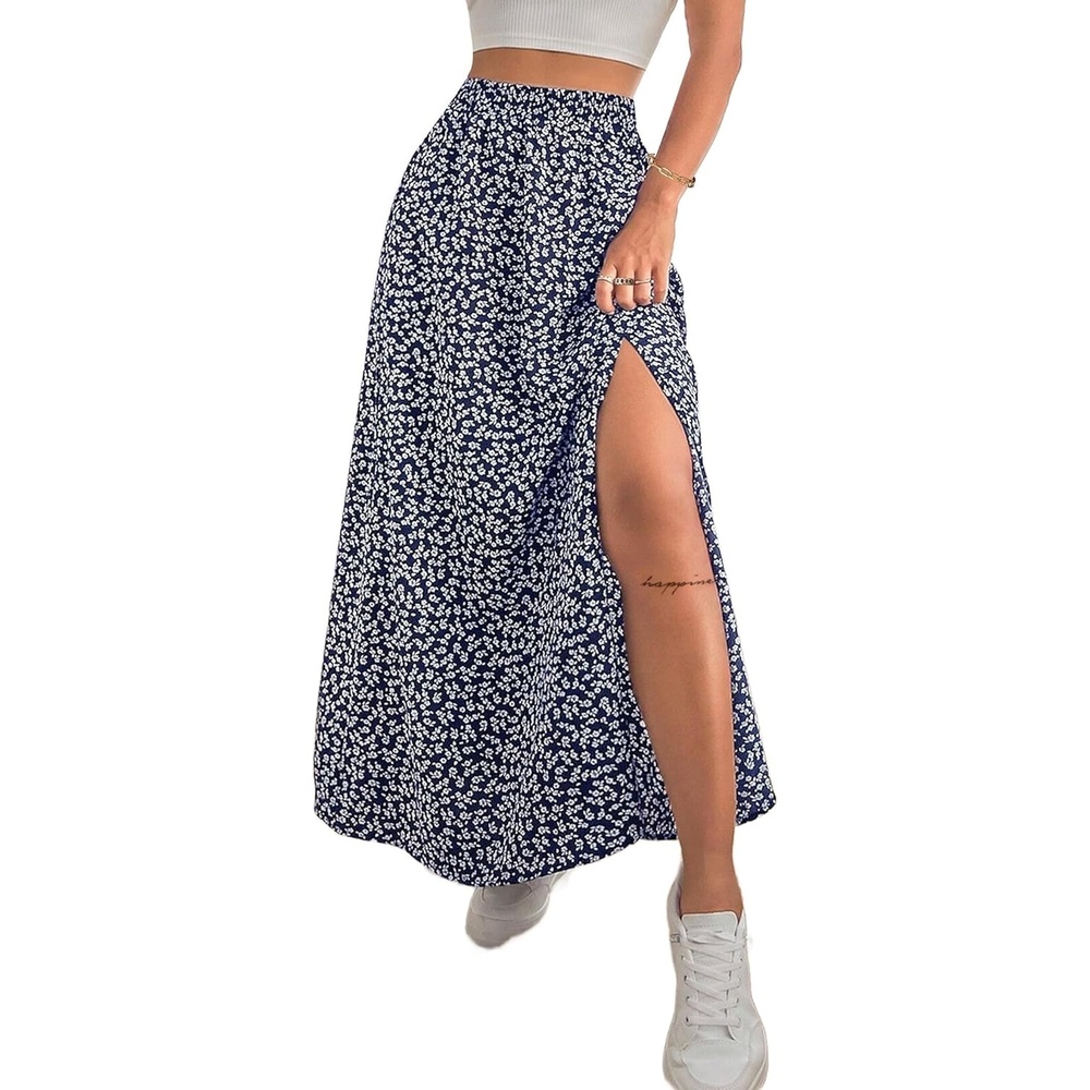 image:imageAvanova Women Boho Floral Slit Maxi Skirt Split Thigh High Waisted Long SkirtsNavy