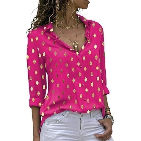 image:imageAvanova Women Pattern Print Button Down Blouse Top Long Sleeve Work Business ShirtGold Dot Hot Pink