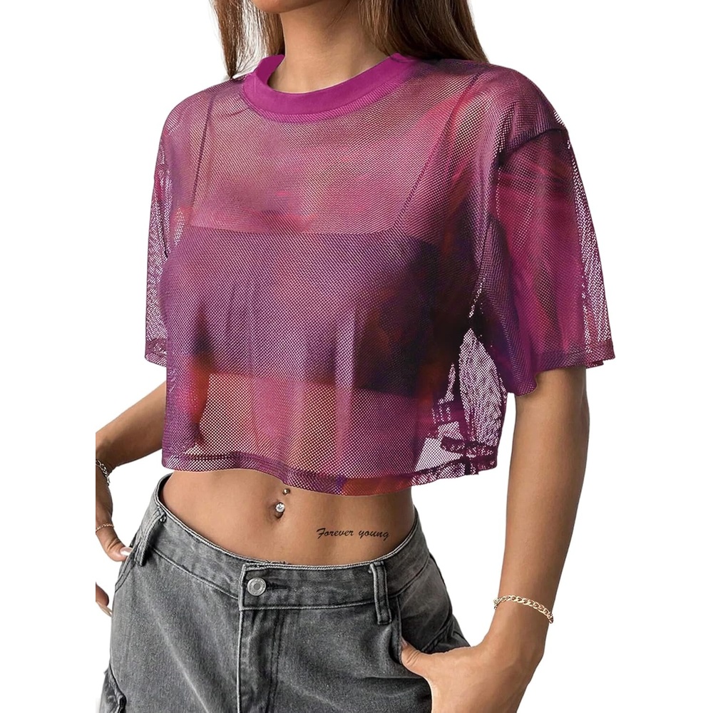 image:imageAvanova Women Sexy Sheer Mesh Crop Top See Through Oversized Short Sleeves ShirtTie Dye D