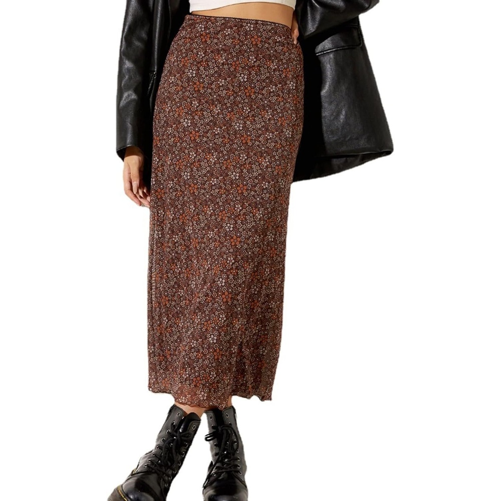 image:imageAvanova Womens Ditsy Floral High Waisted Skirts Lettuce Trim Summer Fall Boho Midi SkirtA Brown