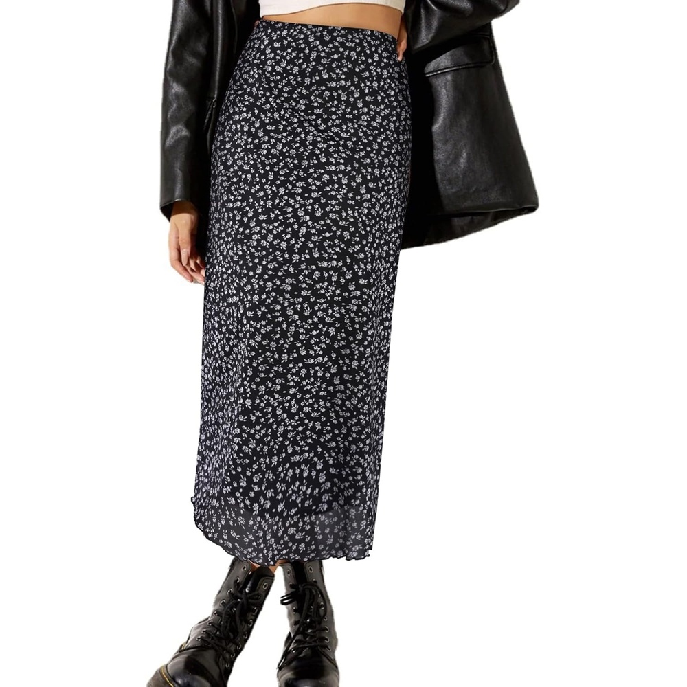 image:imageAvanova Womens Ditsy Floral High Waisted Skirts Lettuce Trim Summer Fall Boho Midi SkirtBlack Floral J