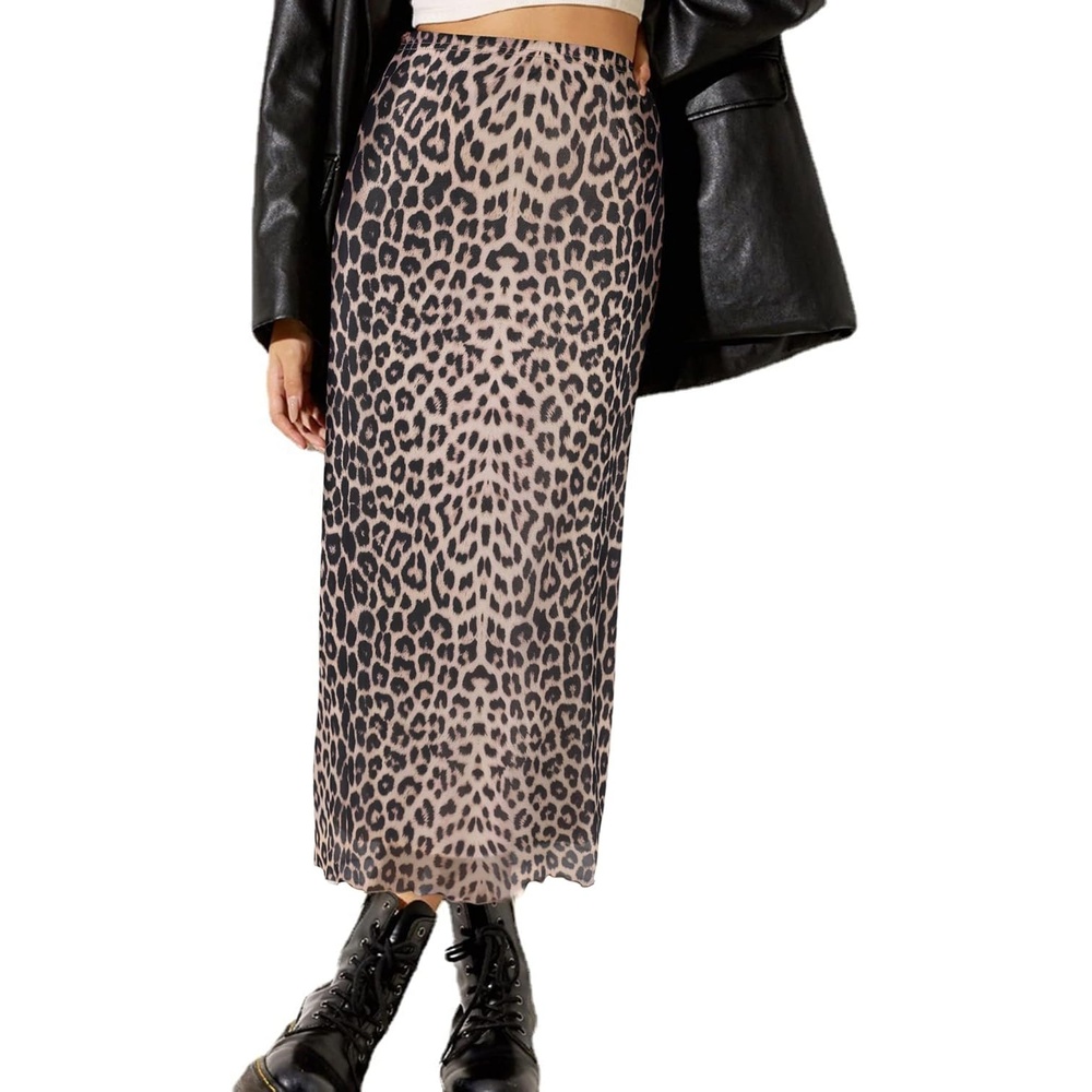 image:imageAvanova Womens Ditsy Floral High Waisted Skirts Lettuce Trim Summer Fall Boho Midi SkirtBrown Leopard C