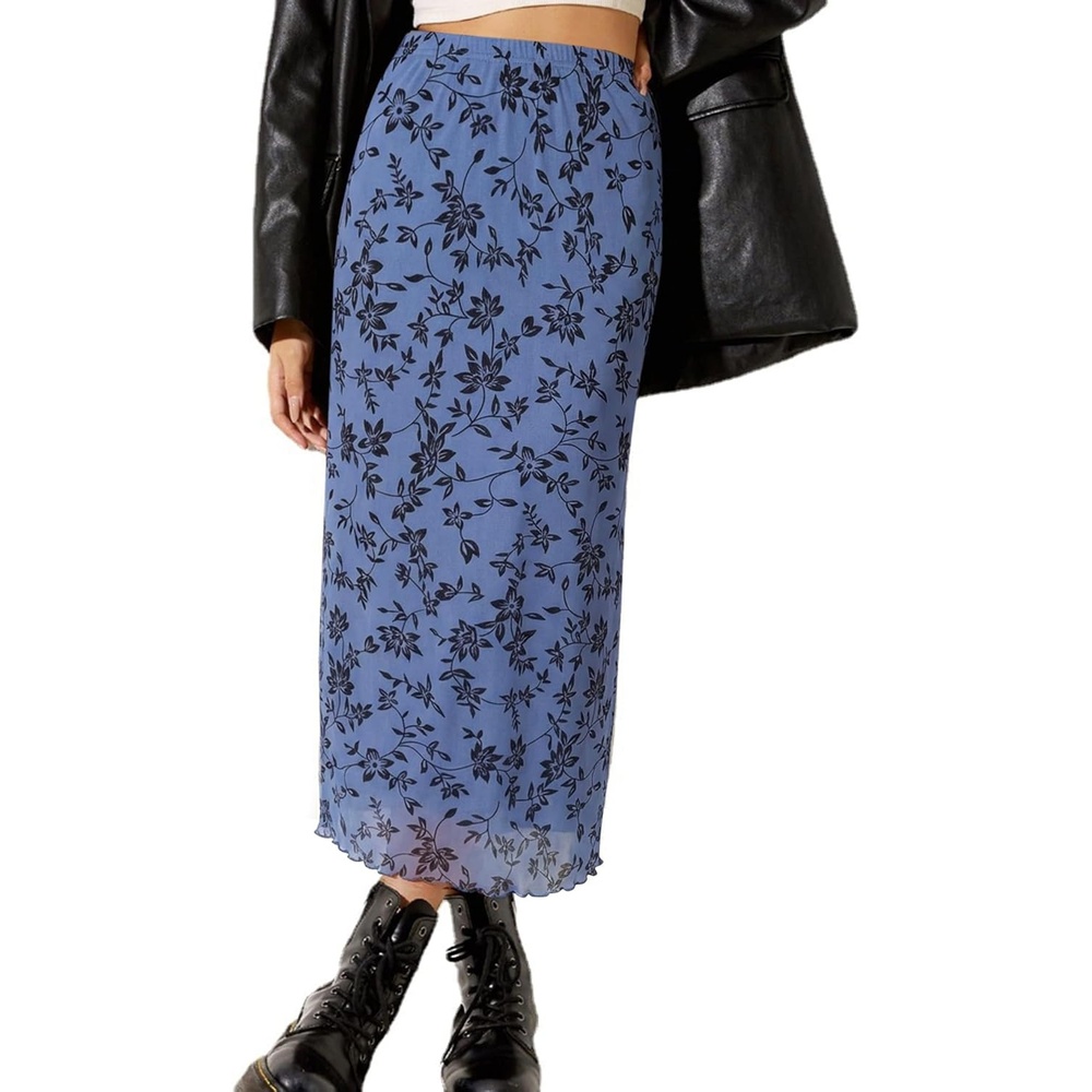 image:imageAvanova Womens Ditsy Floral High Waisted Skirts Lettuce Trim Summer Fall Boho Midi SkirtDusty Blue