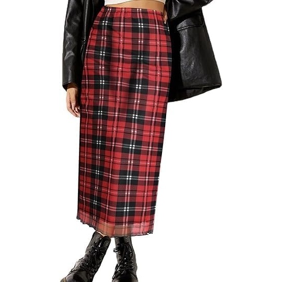image:imageAvanova Womens Ditsy Floral High Waisted Skirts Lettuce Trim Summer Fall Boho Midi SkirtRed Plaid