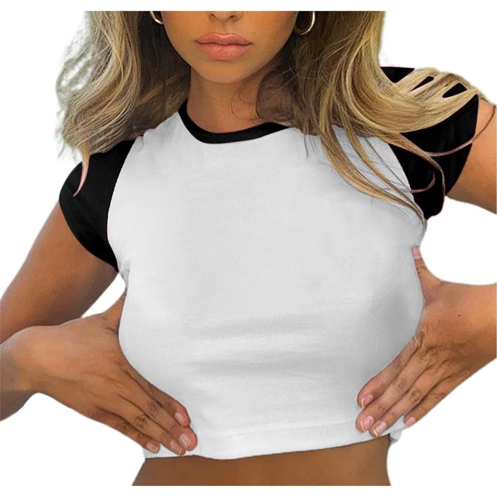 image:imageAvanova Womens Letter Print Tee Short Sleeve Round Neck Slim Fit Crop Top T ShirtBlack White
