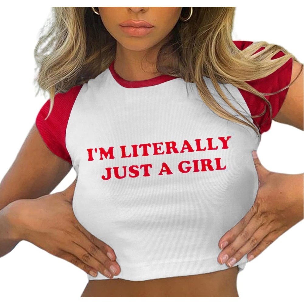 image:imageAvanova Womens Letter Print Tee Short Sleeve Round Neck Slim Fit Crop Top T ShirtRed