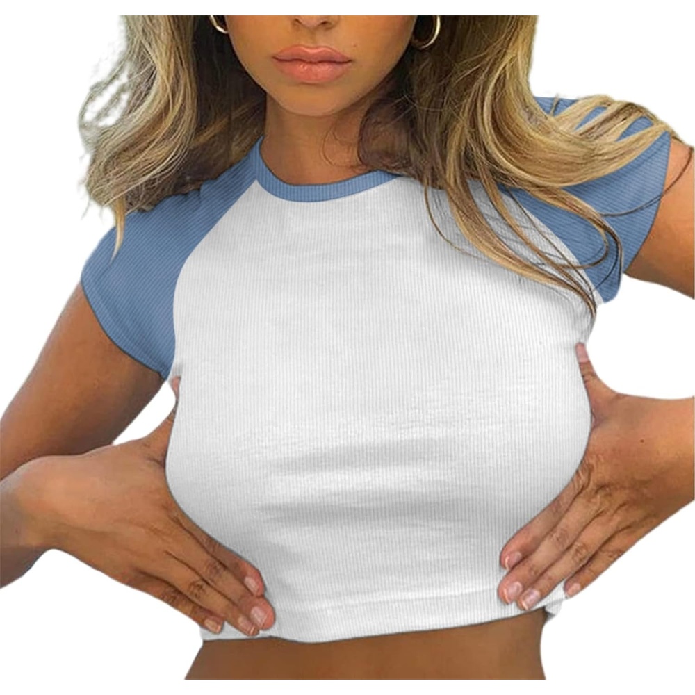 image:imageAvanova Womens Letter Print Tee Short Sleeve Round Neck Slim Fit Crop Top T ShirtWhite Dusty Blue