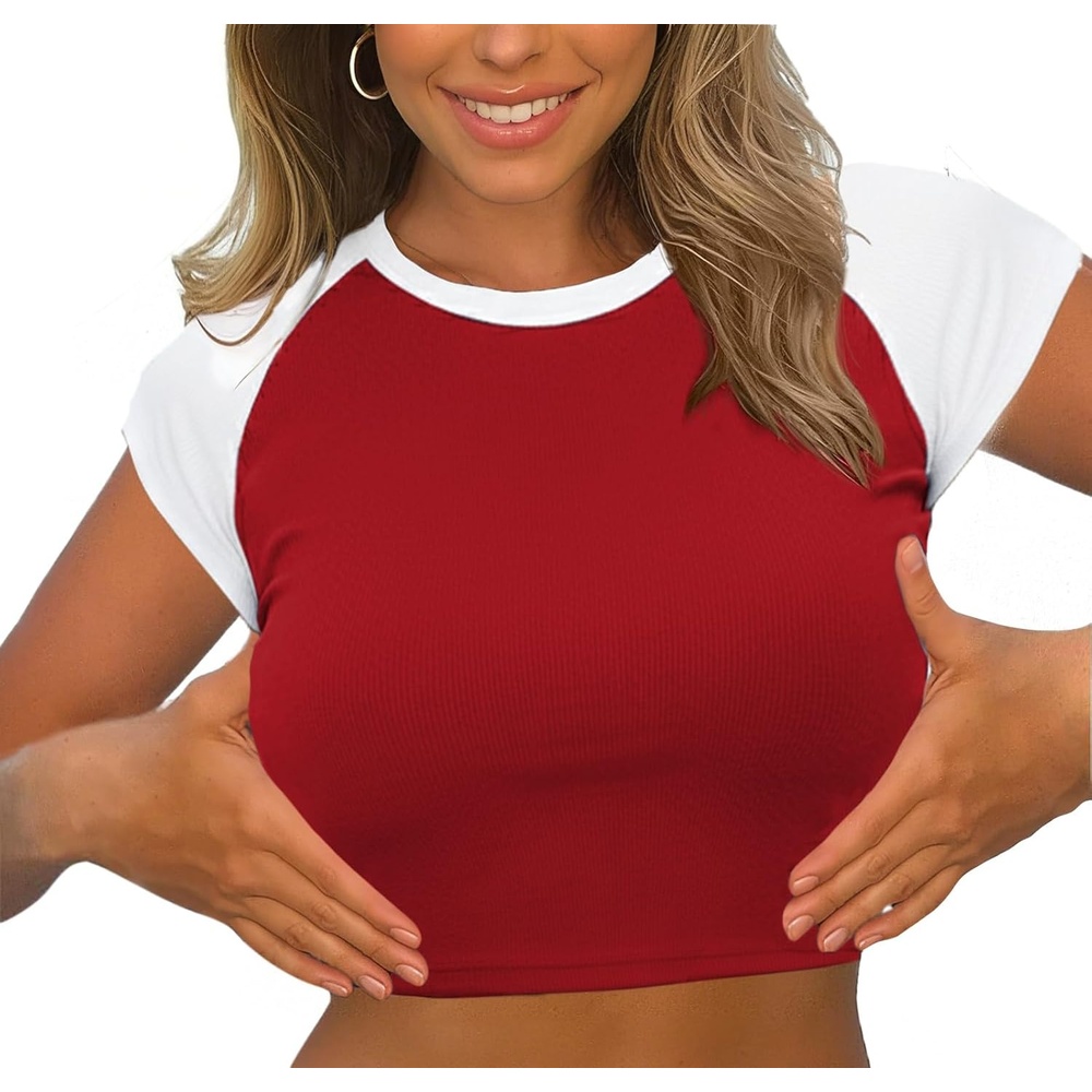 image:imageAvanova Womens Letter Print Tee Short Sleeve Round Neck Slim Fit Crop Top T ShirtWhite Red