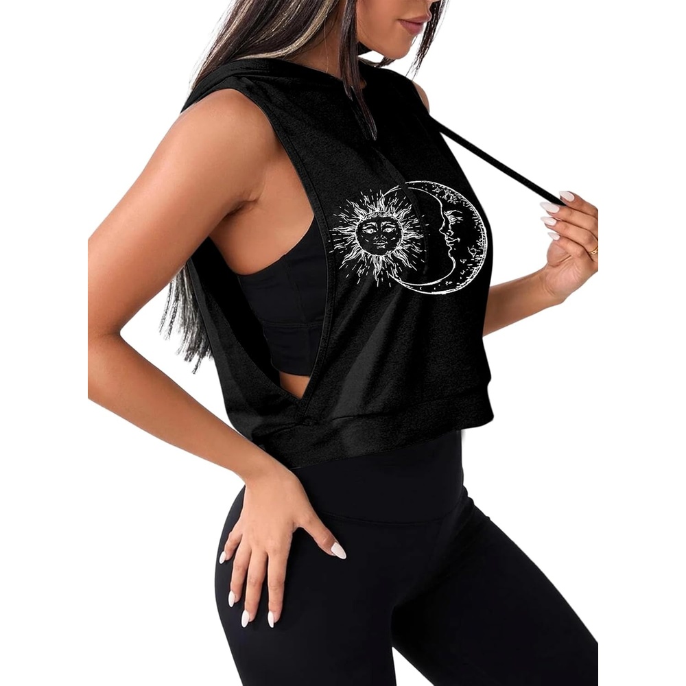image:imageAvanova Womens Workout Shirts Sleeveless Hoodies Drawstring Open Side Gym Cropped Tank TopB Sun Moon