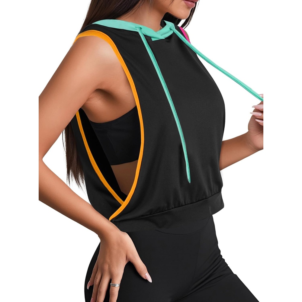 image:imageAvanova Womens Workout Shirts Sleeveless Hoodies Drawstring Open Side Gym Cropped Tank TopOrange Pink Teal