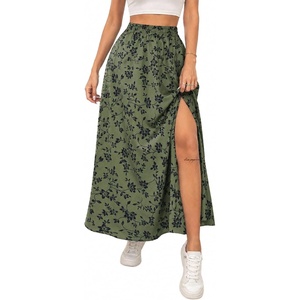 image:imageAvanova Women Boho Floral Slit Maxi Skirt Split Thigh High Waisted Long SkirtsGreen Floral