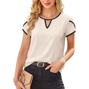 image:imageAvanova Women Color Block Keyhole V Neck Blouses Tops Petal Tulip Short Sleeve Contrast Trim Shirts Casual Work