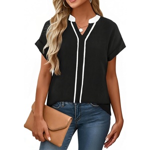 image:imageAvanova Women Color Block V Neck Cuffed Short Sleeve Blouses Tops Texture Work Business Casual ShirtsBlack