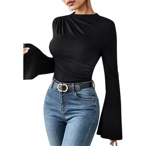 image:imageAvanova Women Ruched Mock Neck Tops Bell Long Sleeve Shirt for Business Casual WorkBlack