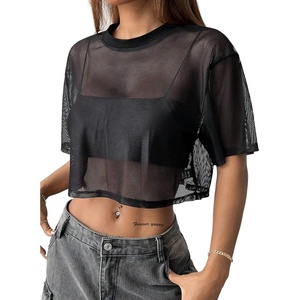 image:imageAvanova Women Sexy Sheer Mesh Crop Top See Through Oversized Short Sleeves ShirtBlack