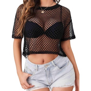 image:imageAvanova Women Sexy Sheer Mesh Crop Top See Through Oversized Short Sleeves ShirtFishnet Black