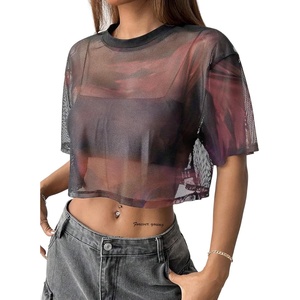 image:imageAvanova Women Sexy Sheer Mesh Crop Top See Through Oversized Short Sleeves ShirtTie Dye E
