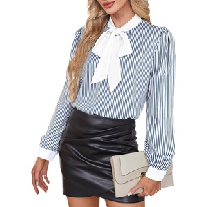 image:imageAvanova Women Tie Neck Bishop Long Sleeve Shirts Casual Work Blouses TopsBlue Striped
