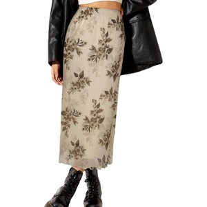 image:imageAvanova Womens Ditsy Floral High Waisted Skirts Lettuce Trim Summer Fall Boho Midi SkirtBeige