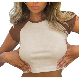 image:imageAvanova Womens Letter Print Tee Short Sleeve Round Neck Slim Fit Crop Top T ShirtBeige Brown