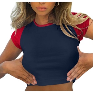 image:imageAvanova Womens Letter Print Tee Short Sleeve Round Neck Slim Fit Crop Top T ShirtBlue Red