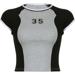 image:imageAvanova Womens Letter Print Tee Short Sleeve Round Neck Slim Fit Crop Top T ShirtGrey