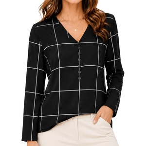 image:imageAvanova Womens V Neck Blouse Long Sleeve Grid Print Casual Top Work Business Dressy ShirtsBlack