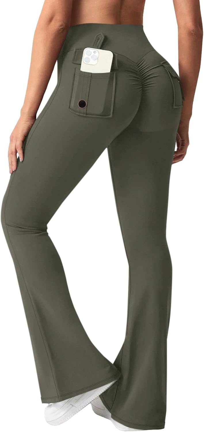 image:imageAvanova Scrunch Butt Lifting Leggings for Women Flared Yoga Workout Gym Pants with PocketsArmy Green