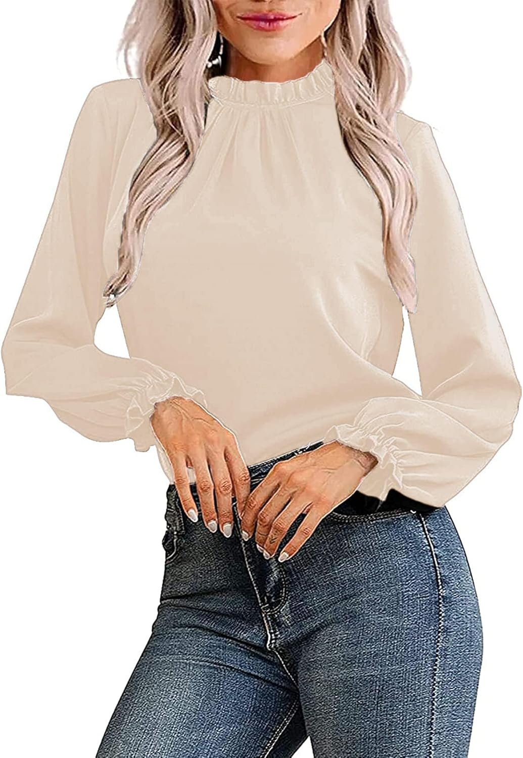 image:imageAvanova Women 34 Long Sleeve Work Business Top Ruffle Mock Neck Blouse Shirts Solid Beige XSmall