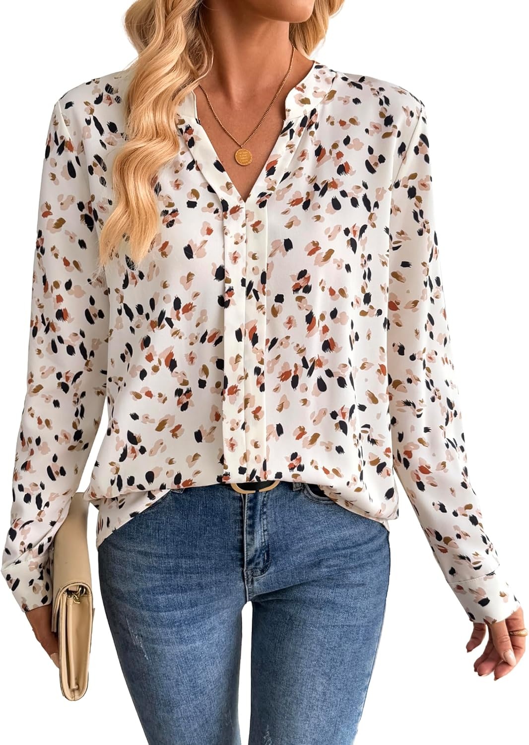image:imageAvanova Women Boho Printed V Neck Tops Long Sleeve Shirts Elegant Work Blouses Beige Dots XLarge