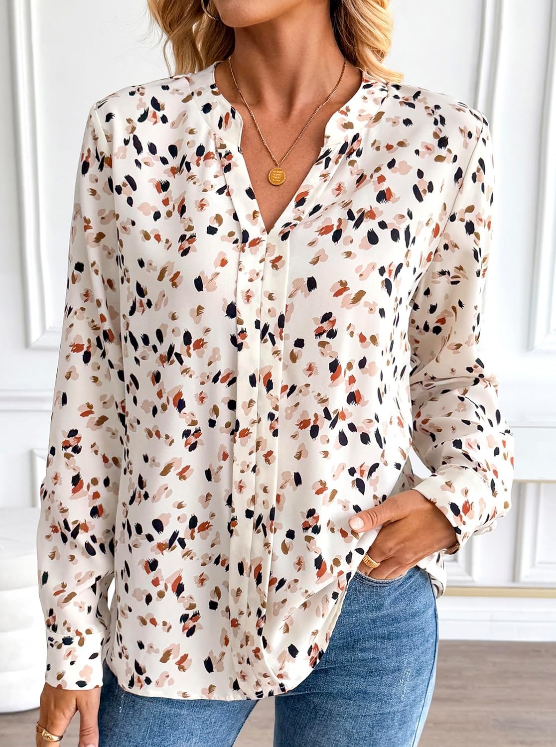 image:imageAvanova Women Boho Printed V Neck Tops Long Sleeve Shirts Elegant Work Blouses Beige Dots XLarge