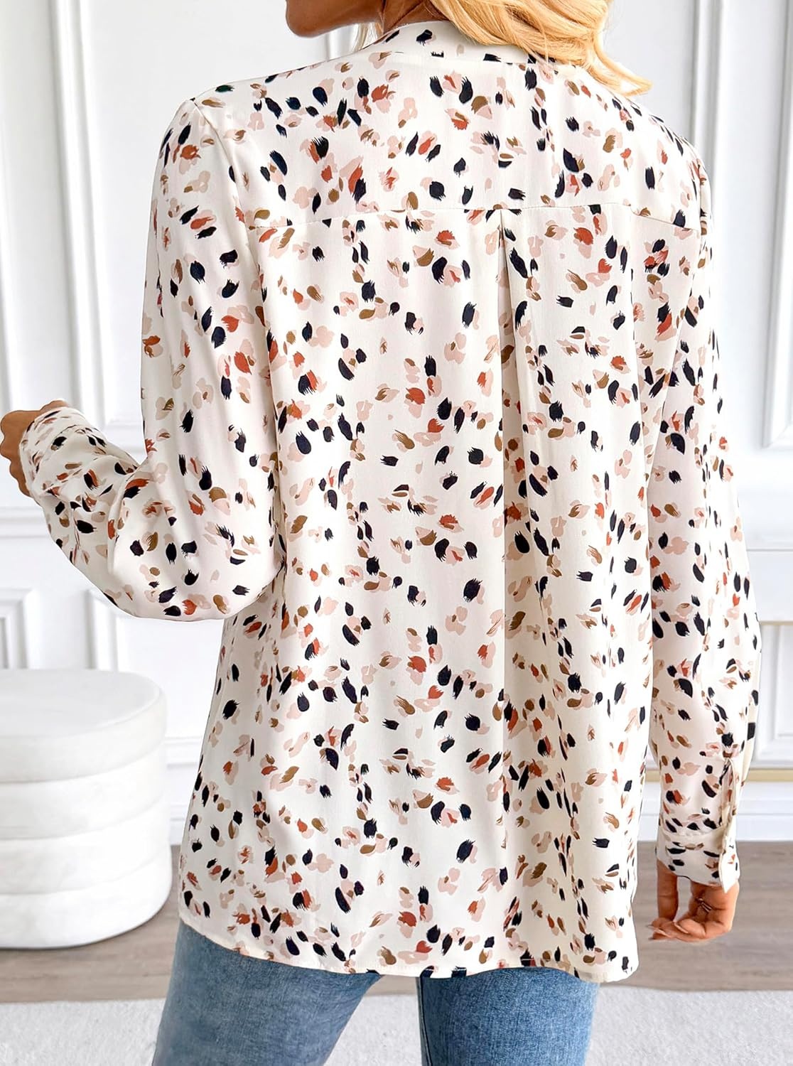 image:imageAvanova Women Boho Printed V Neck Tops Long Sleeve Shirts Elegant Work Blouses Beige Dots XLarge