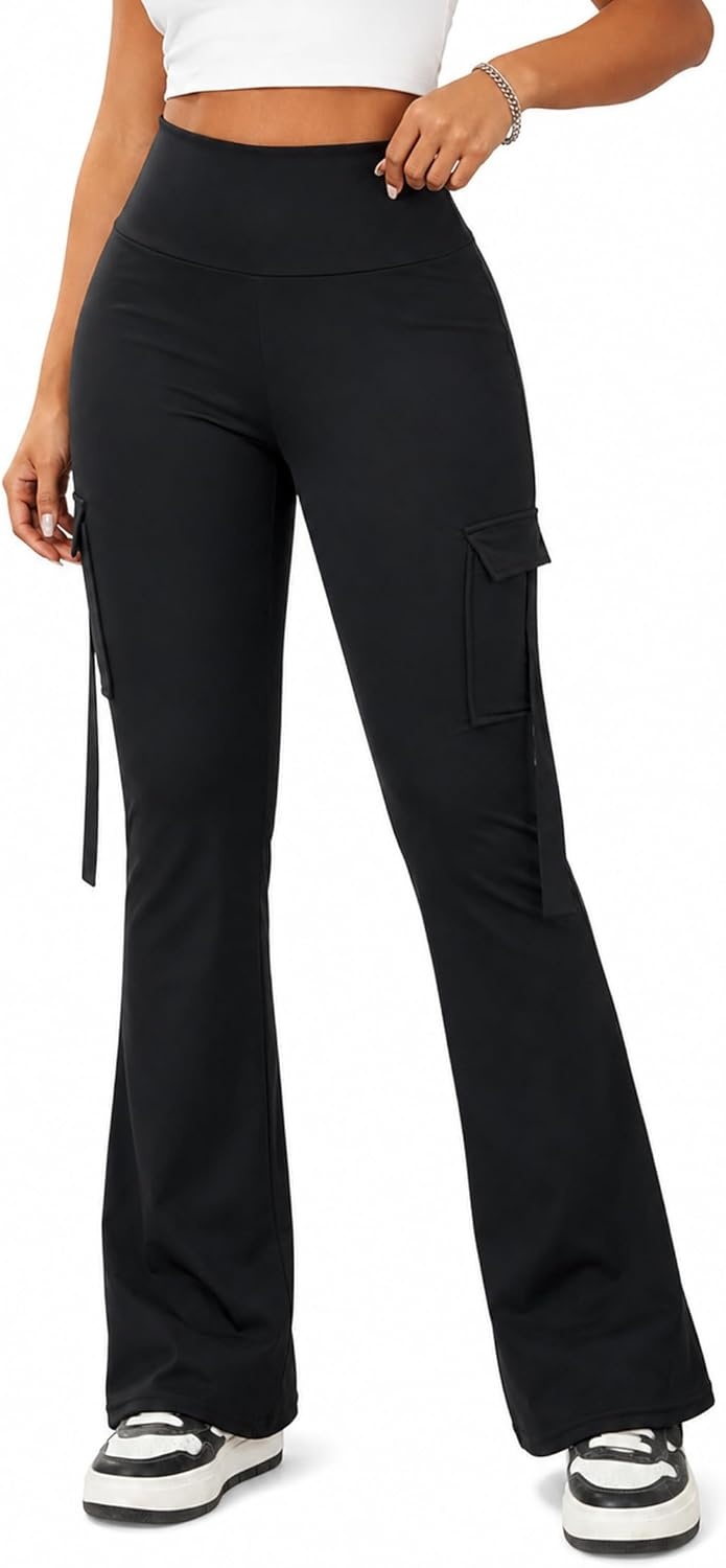image:imageAvanova Women Bootcut Yoga Pants Cargo Leggings Flare Workout Pants for Yoga Gym Scrunch Butt LiftingBlack