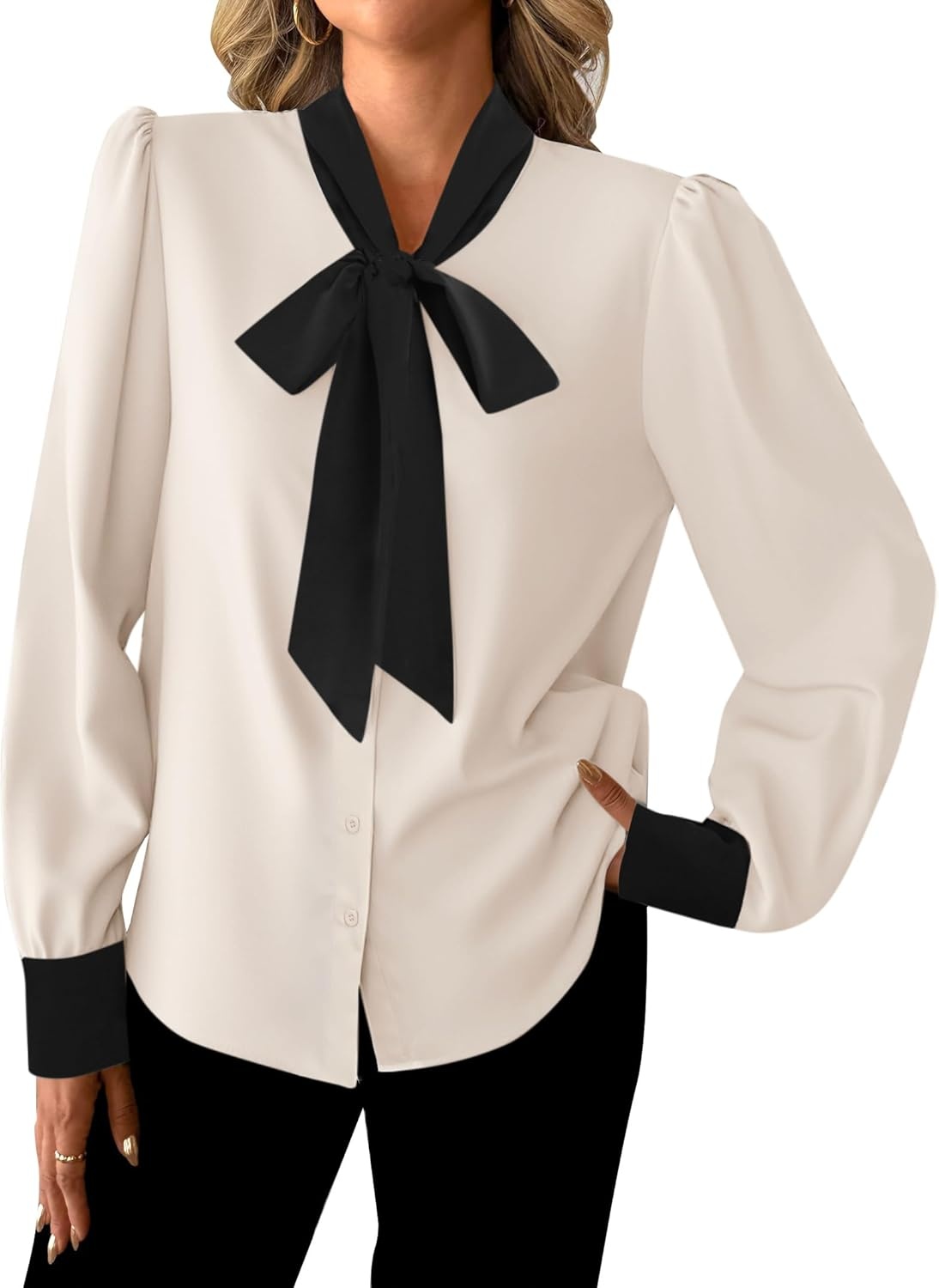 image:imageAvanova Women Bow Tie Neck Long Sleeve Blouses Tops Dressy Casual Elegant Work ShirtsApricot Black