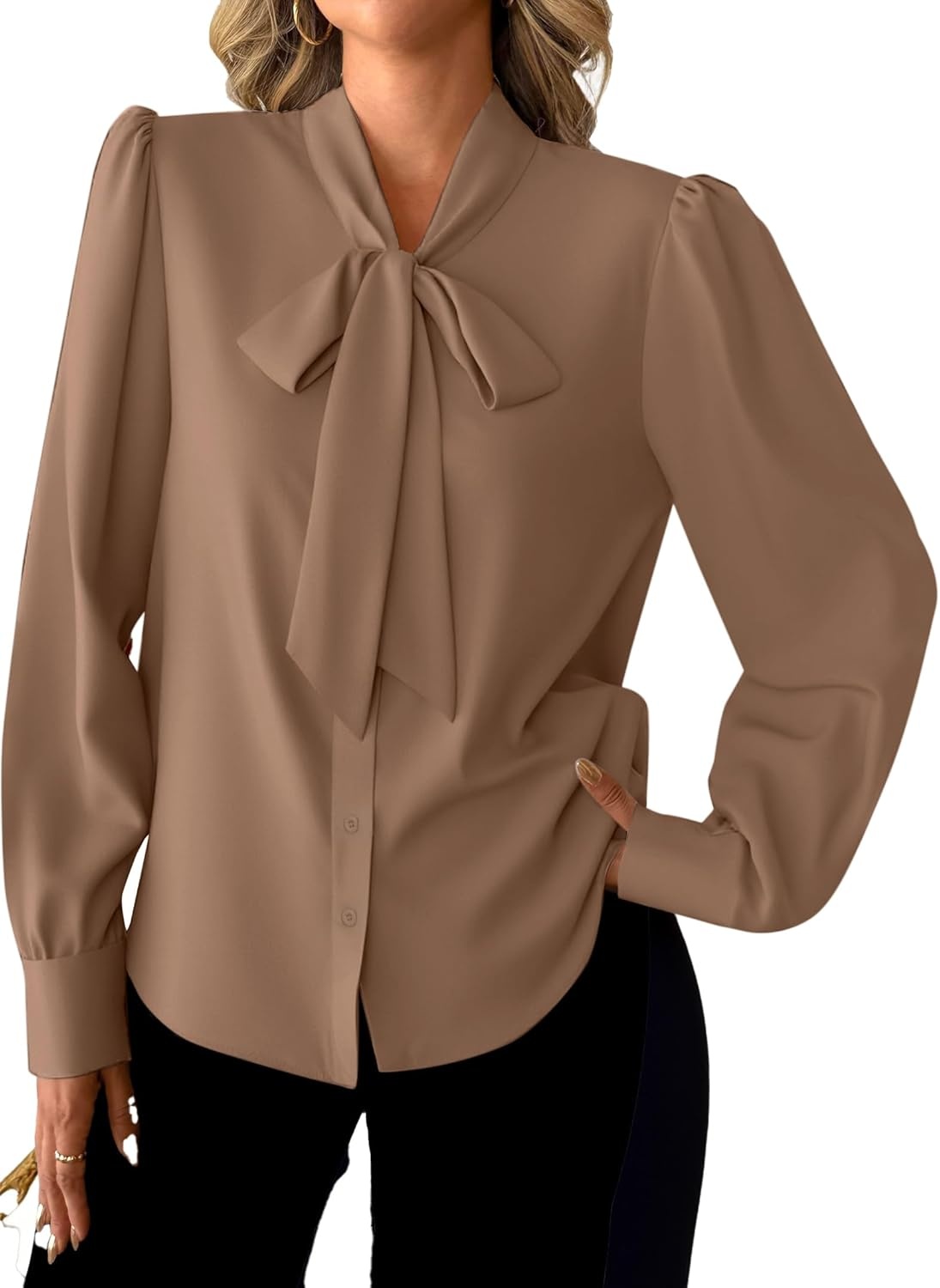 image:imageAvanova Women Bow Tie Neck Long Sleeve Blouses Tops Dressy Casual Elegant Work ShirtsKhaki