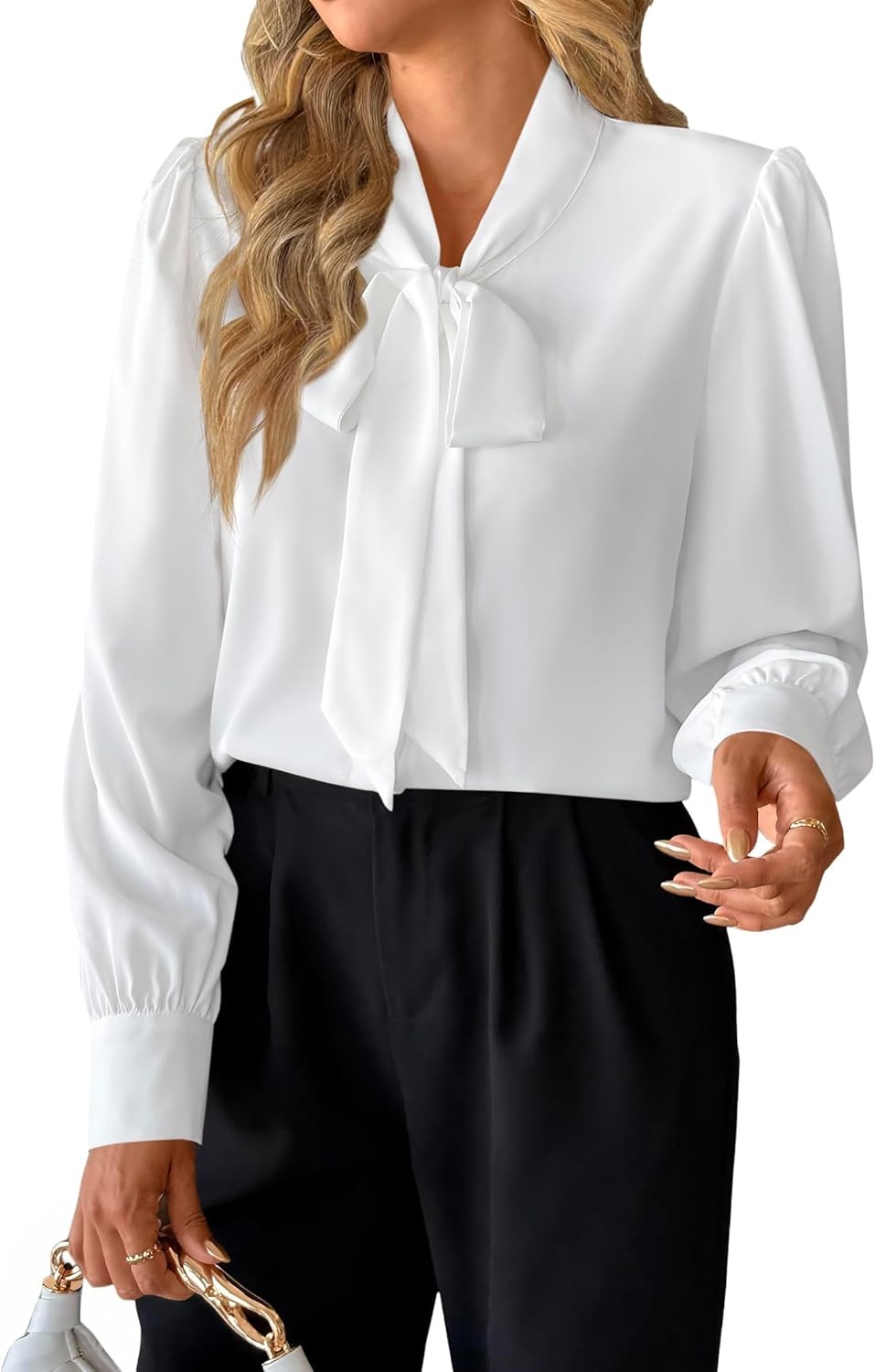 image:imageAvanova Women Bow Tie Neck Long Sleeve Blouses Tops Dressy Casual Elegant Work ShirtsWhite