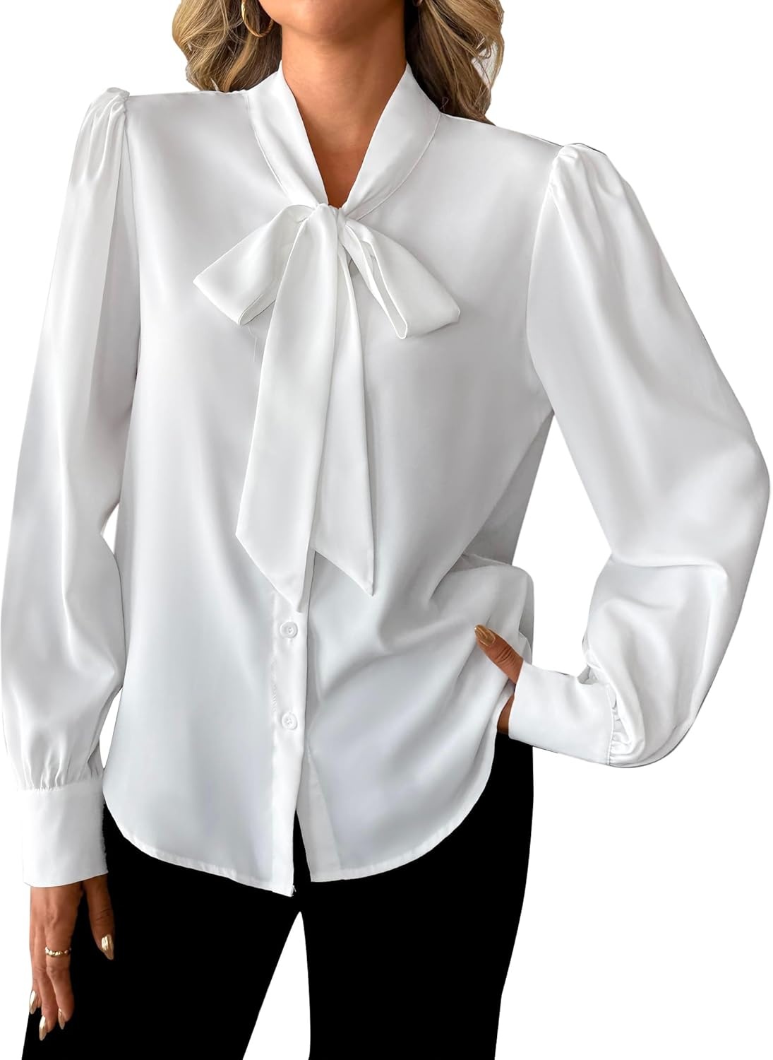 image:imageAvanova Women Bow Tie Neck Long Sleeve Blouses Tops Dressy Casual Elegant Work ShirtsWhite