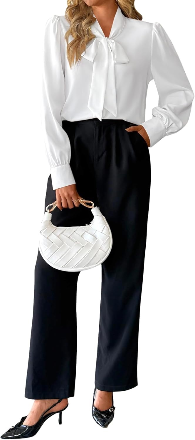 image:imageAvanova Women Bow Tie Neck Long Sleeve Blouses Tops Dressy Casual Elegant Work ShirtsWhite