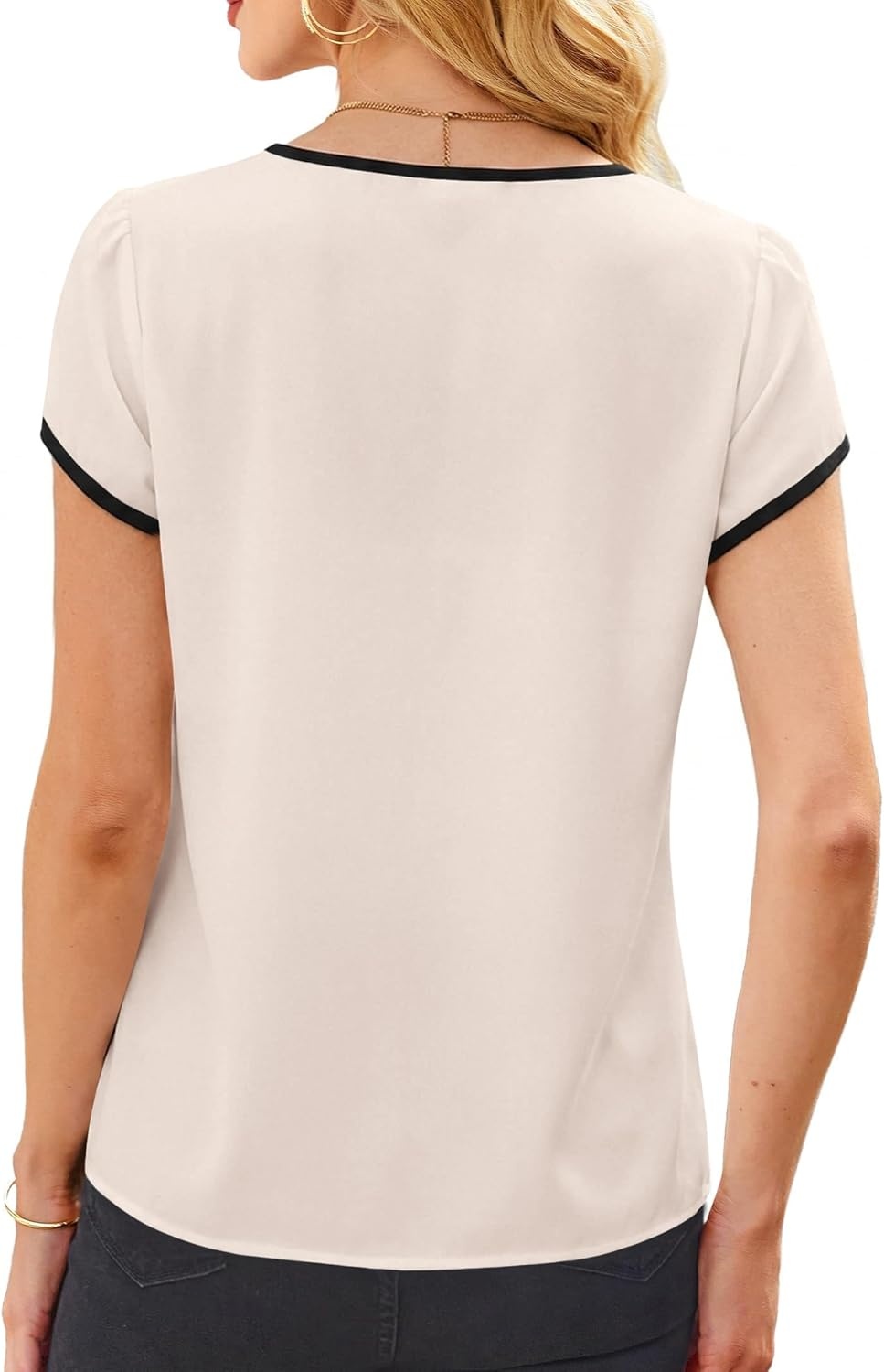 image:imageAvanova Women Color Block Keyhole V Neck Blouses Tops Petal Tulip Short Sleeve Contrast Trim Shirts Casual WorkBeige Black