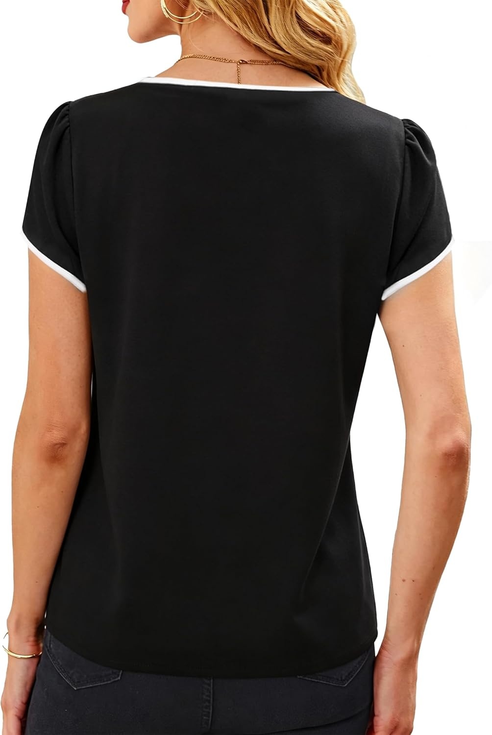 image:imageAvanova Women Color Block Keyhole V Neck Blouses Tops Petal Tulip Short Sleeve Contrast Trim Shirts Casual WorkBlack White