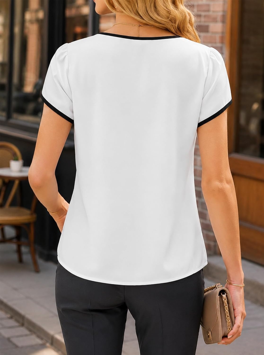 image:imageAvanova Women Color Block Keyhole V Neck Blouses Tops Petal Tulip Short Sleeve Contrast Trim Shirts Casual WorkWhite