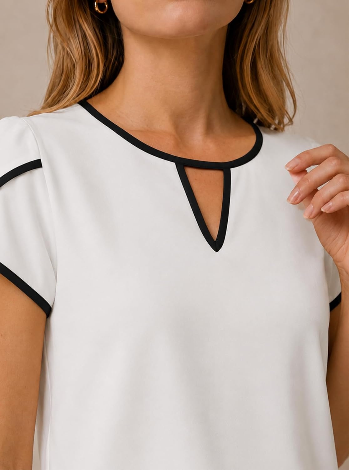 image:imageAvanova Women Color Block Keyhole V Neck Blouses Tops Petal Tulip Short Sleeve Contrast Trim Shirts Casual WorkWhite