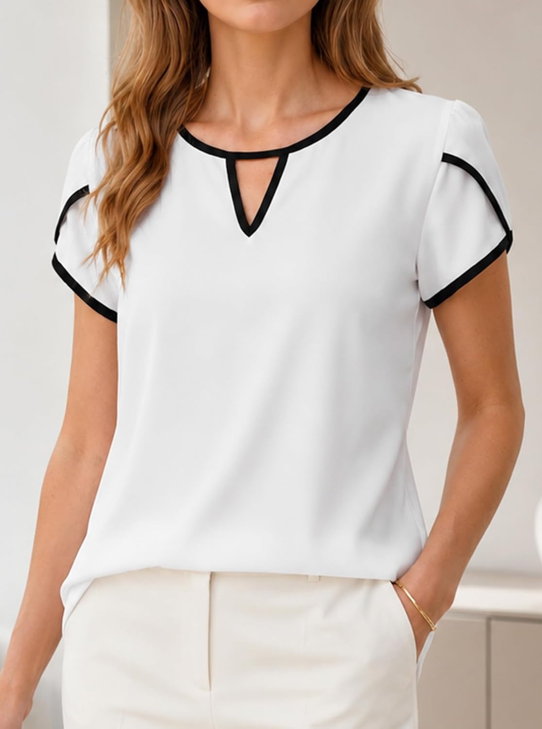 image:imageAvanova Women Color Block Keyhole V Neck Blouses Tops Petal Tulip Short Sleeve Contrast Trim Shirts Casual WorkWhite